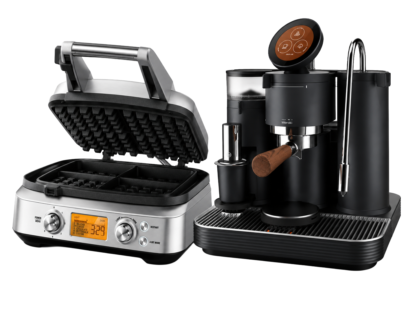 Meraki espresso machine beside a Breville Smart Waffle Pro waffle maker