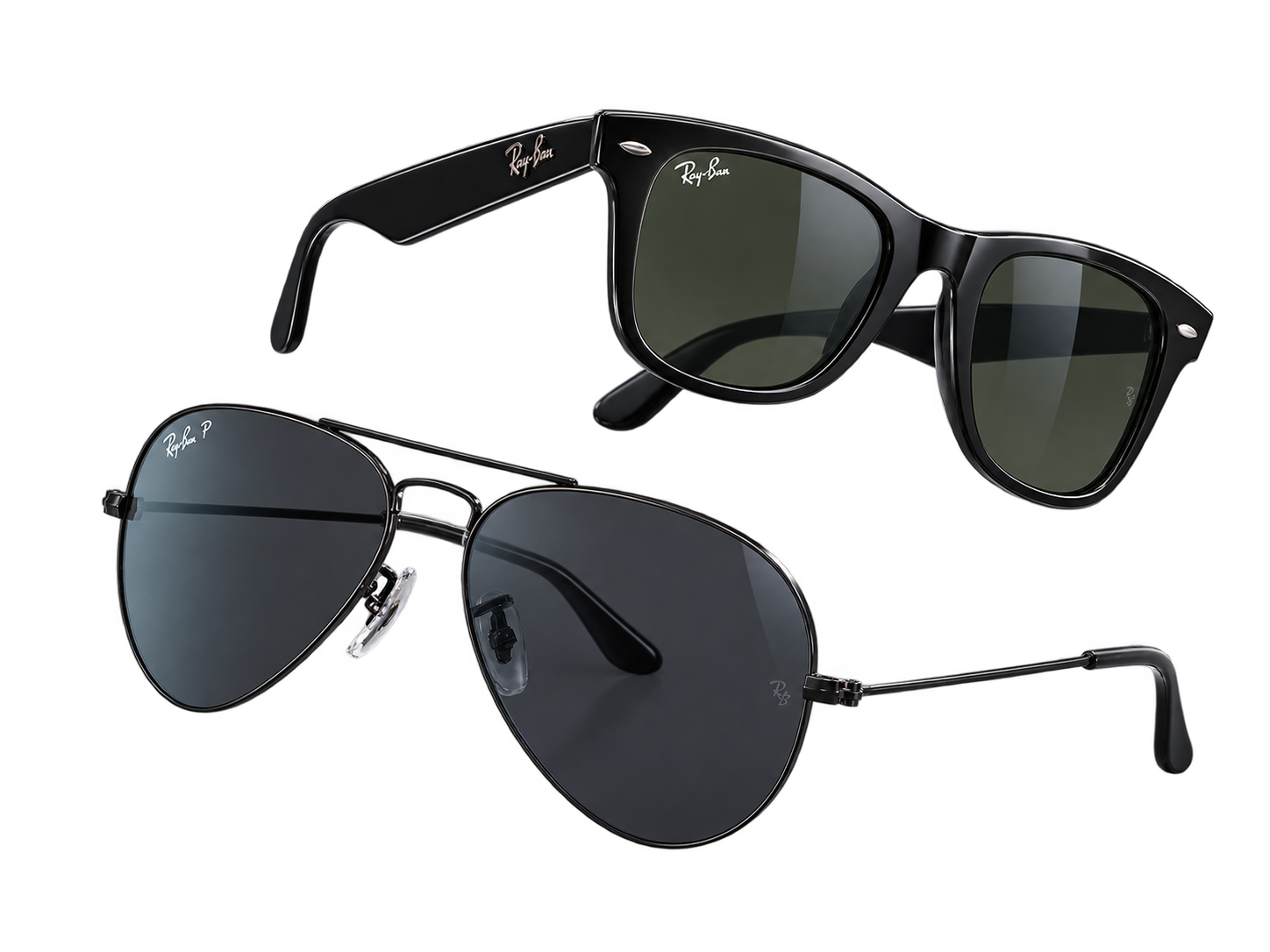 Two pairs of Ray-Ban sunglasses: gold-framed aviators and black wayfarers